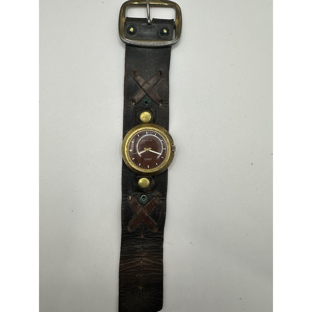 Arfena Vintage Watch Mens Manual Wind Not Working Gold Tone Leather Band 41MM Z